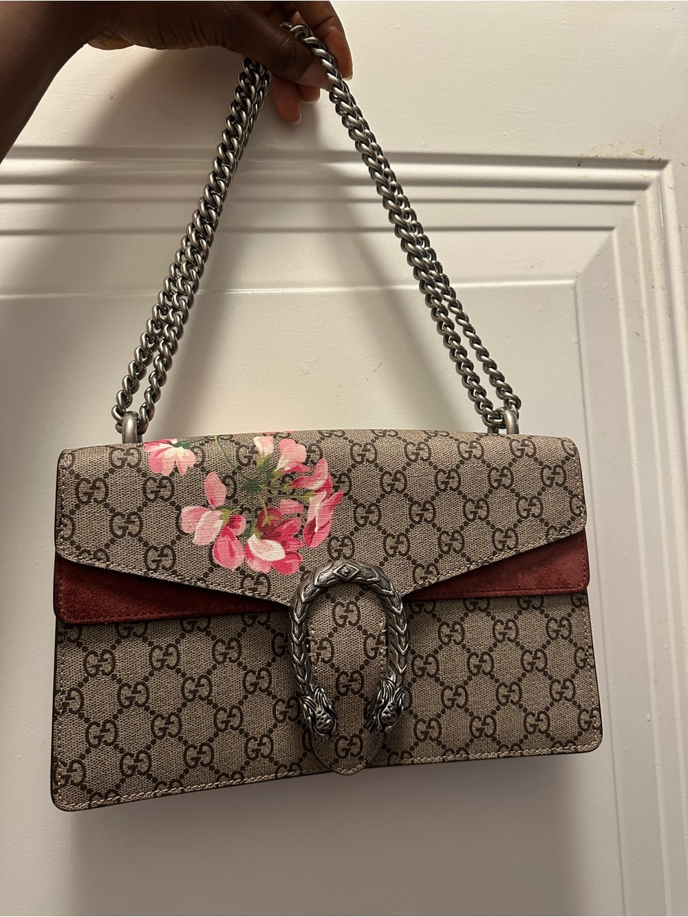 Gucci LARGE GG Supreme Shoulder Bag with Pink Floral and Red Trim